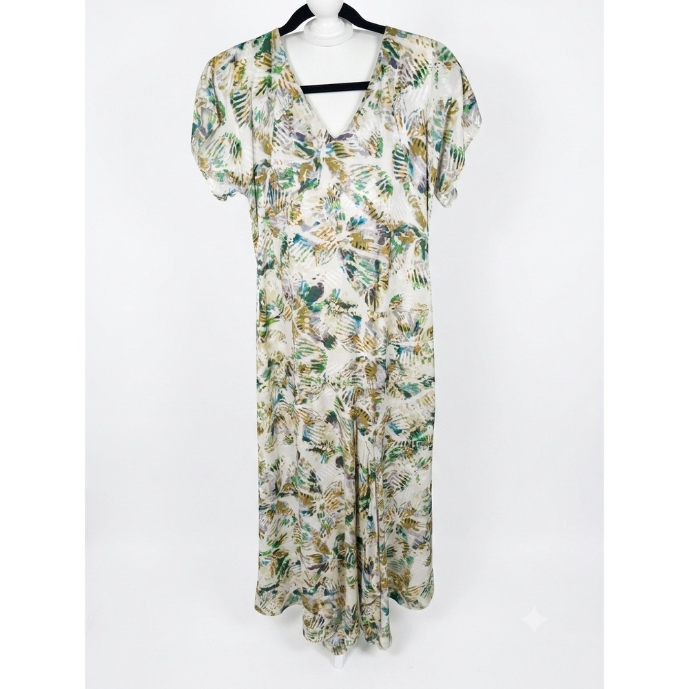 Luxely Beige Green Abstract Palm Print V-Neck Maxi Dress Size‎ 4 Y10314M